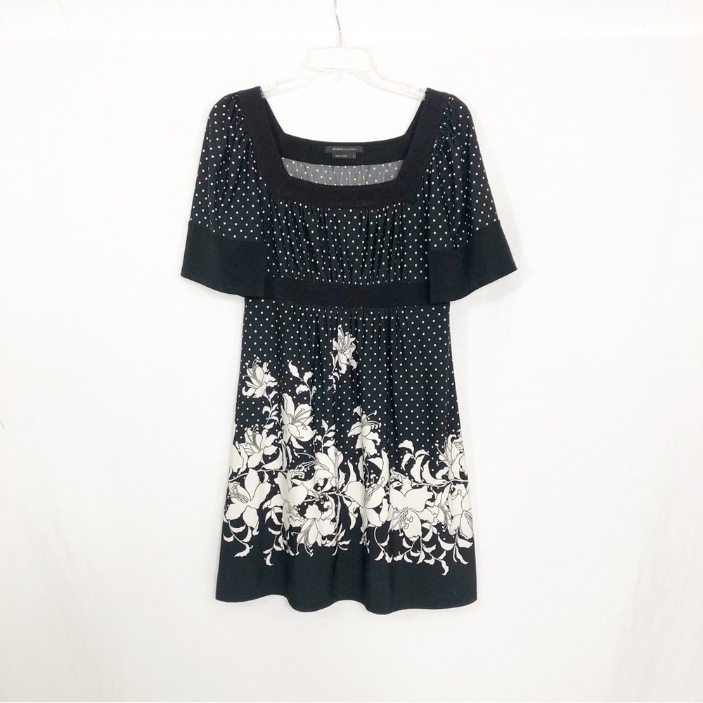 BCBGMAXAZRIA Flowy Floral Babydoll Dress With Polka Dots, Size Small, Black